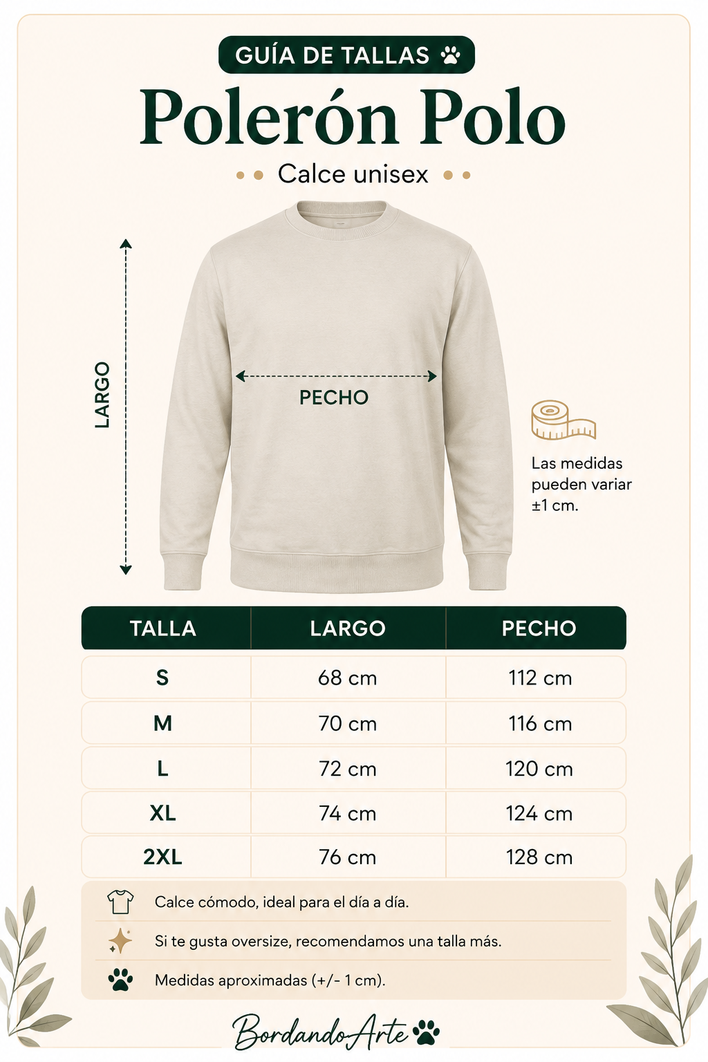 Guía de tallas Poleron polo personalizado con la cara y nombre de tu mascota 🐾